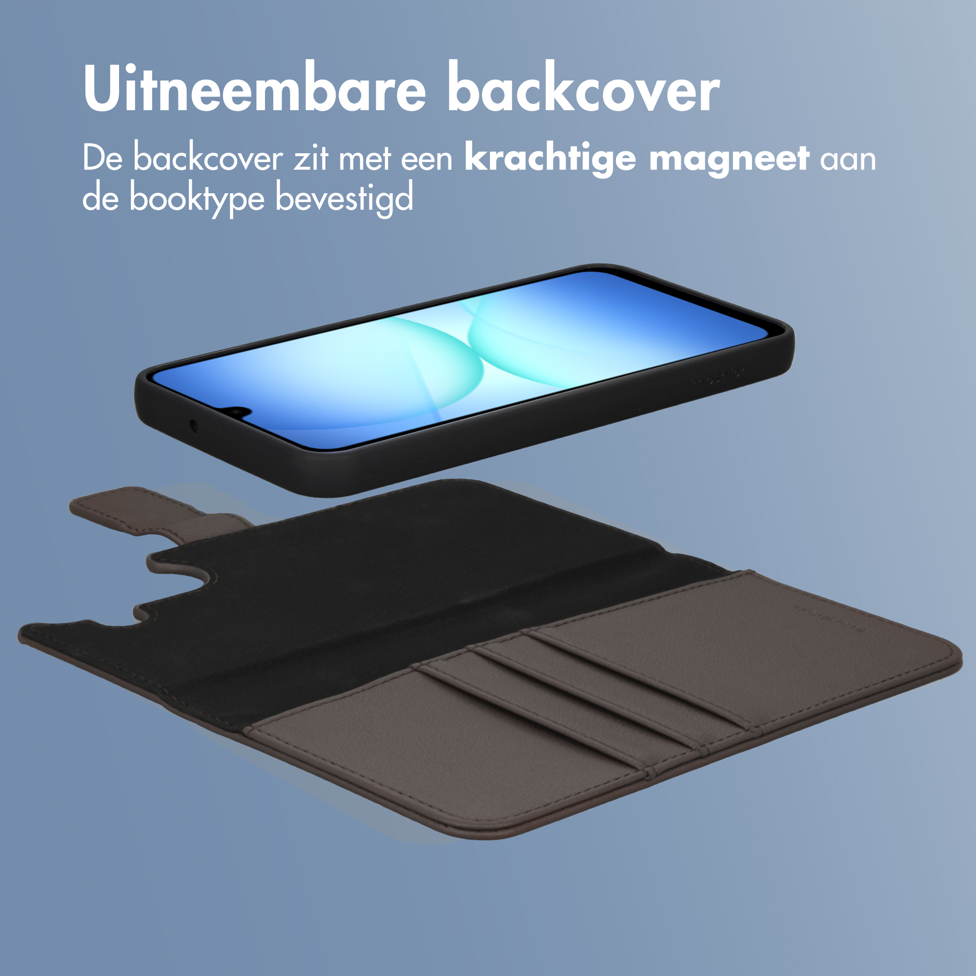 Een zwarte telefoon met afneembare hoes en ernaast een bruine portemonnee.