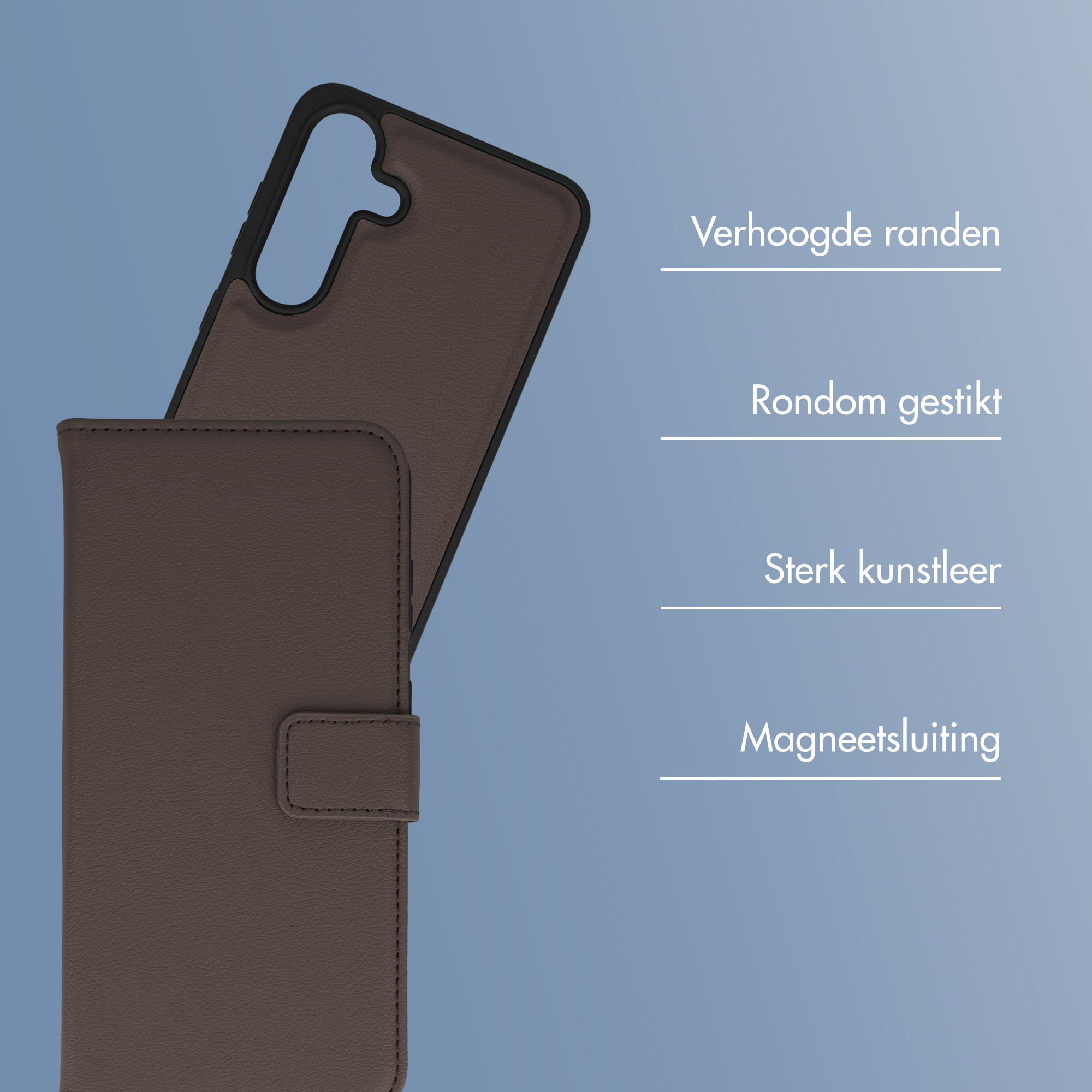 Bruine telefoonhoes met verhoogde randen en magneetsluiting.