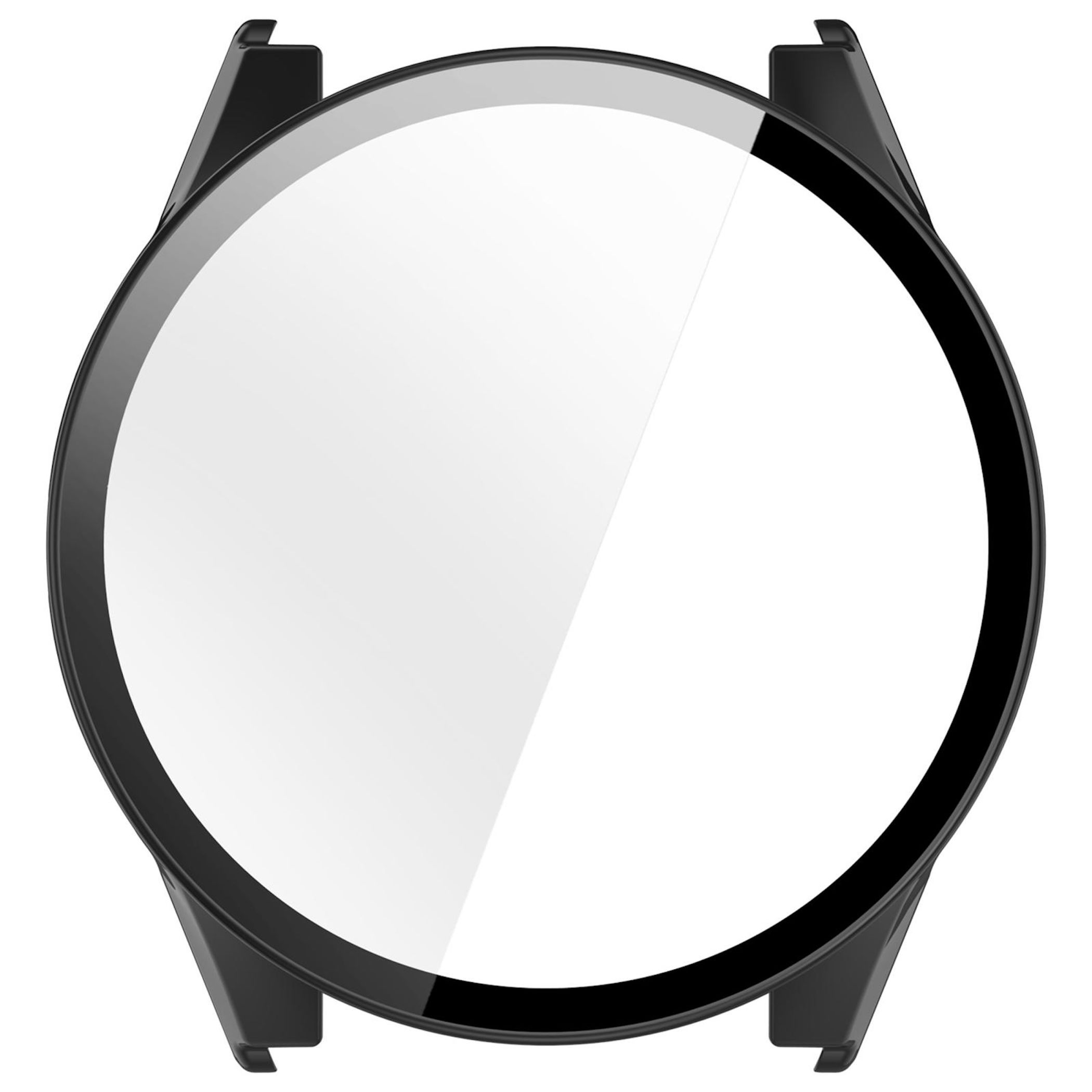 Una cornice rotonda per orologio nera con display bianco.
