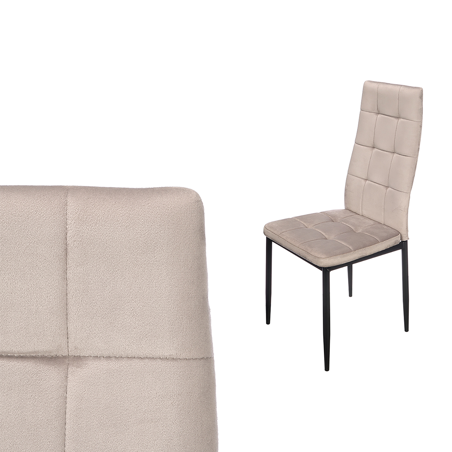 Una sedia beige con schienale e seduta trapuntati su gambe nere.