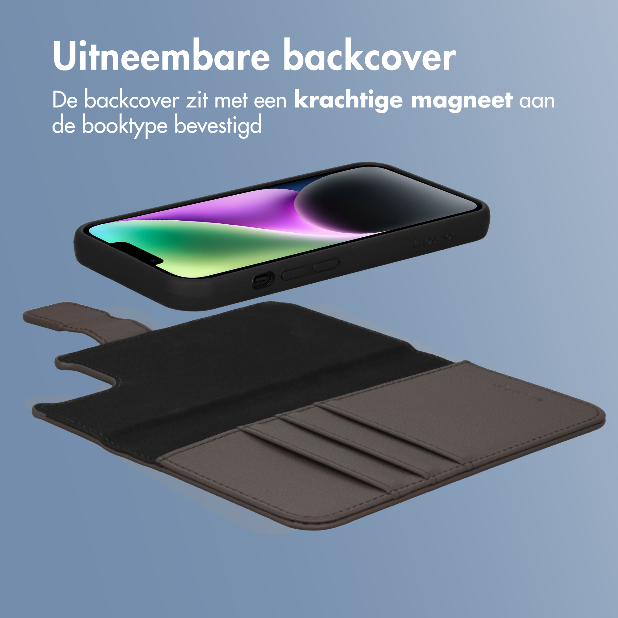 Abnehmbare Handyhülle und Portemonnaie-Etui mit Kartenfächern.