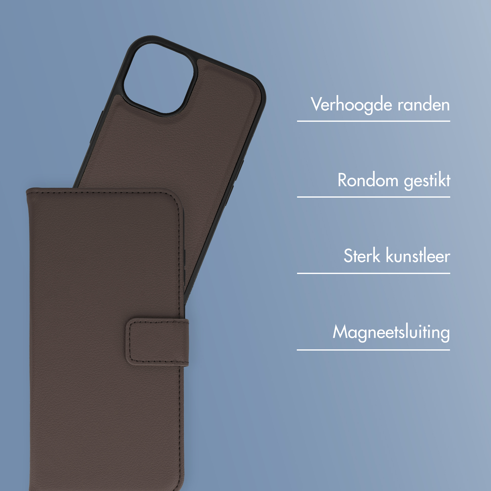 Braune Handyhülle aus Kunstleder mit Magnetverschluss und Nähten.