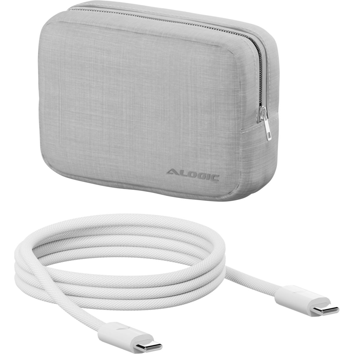 Bustina ALOGIC grigia con cavo USB-C bianco arrotolato.
