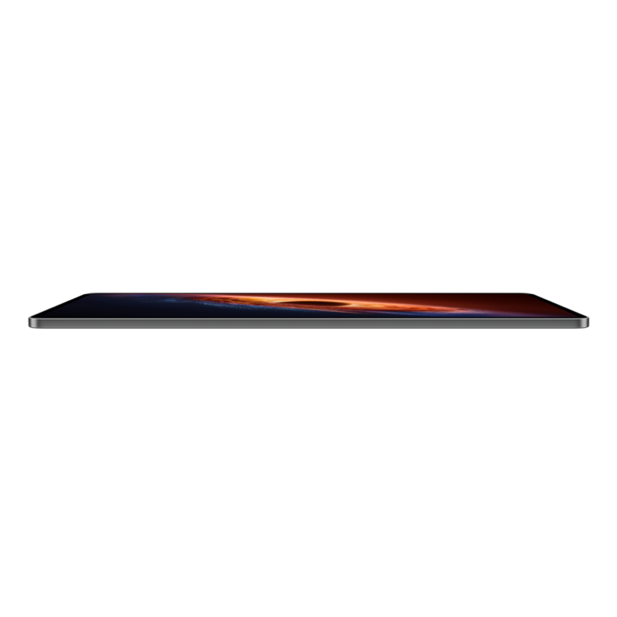Ein graues Tablet liegt auf schwarzem Hintergrund, der Bildschirm zeigt einen feurigen Nebel.
