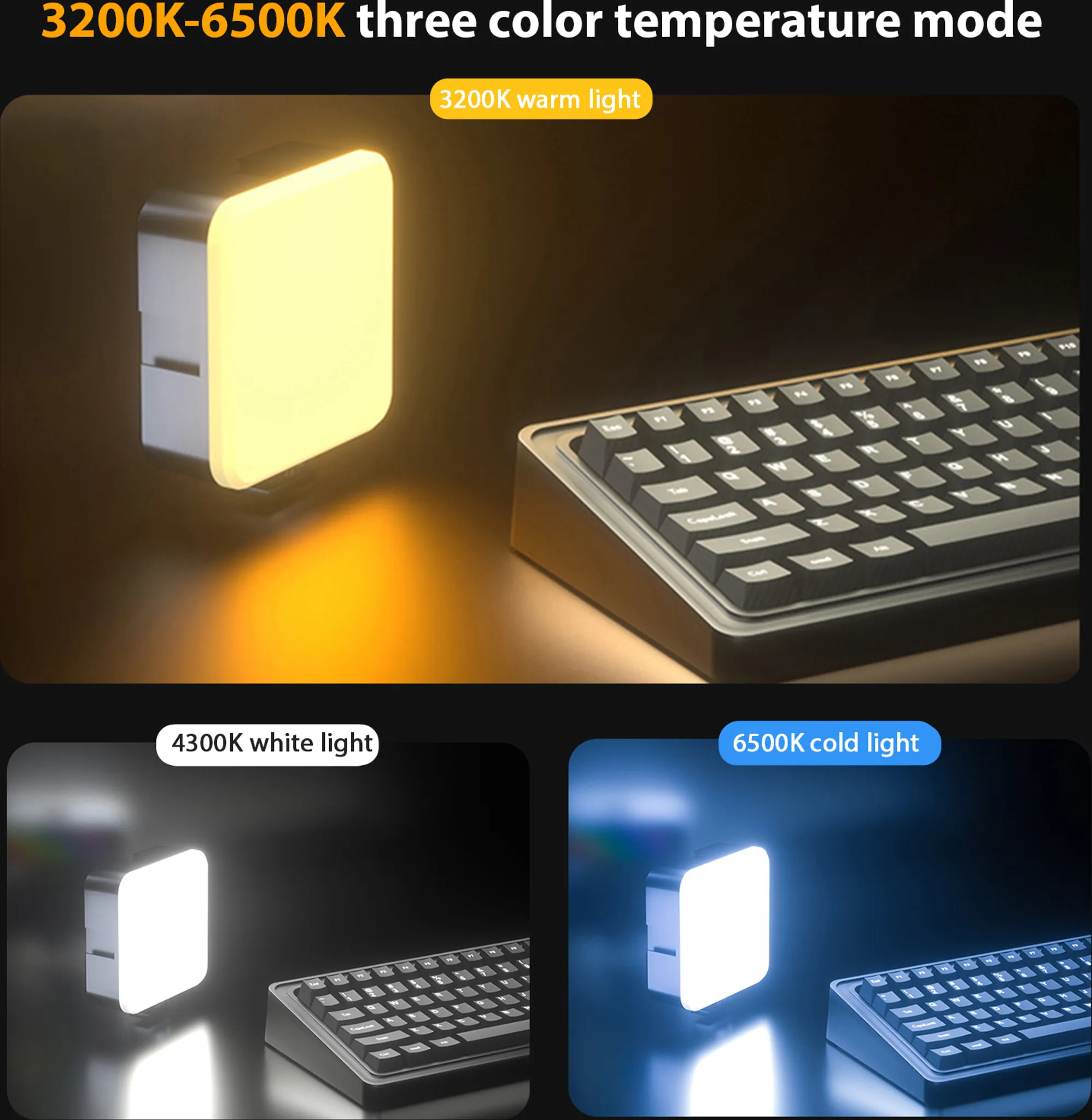 Ein leuchtendes Quadrat neben einer Tastatur mit drei Lichtmodi.