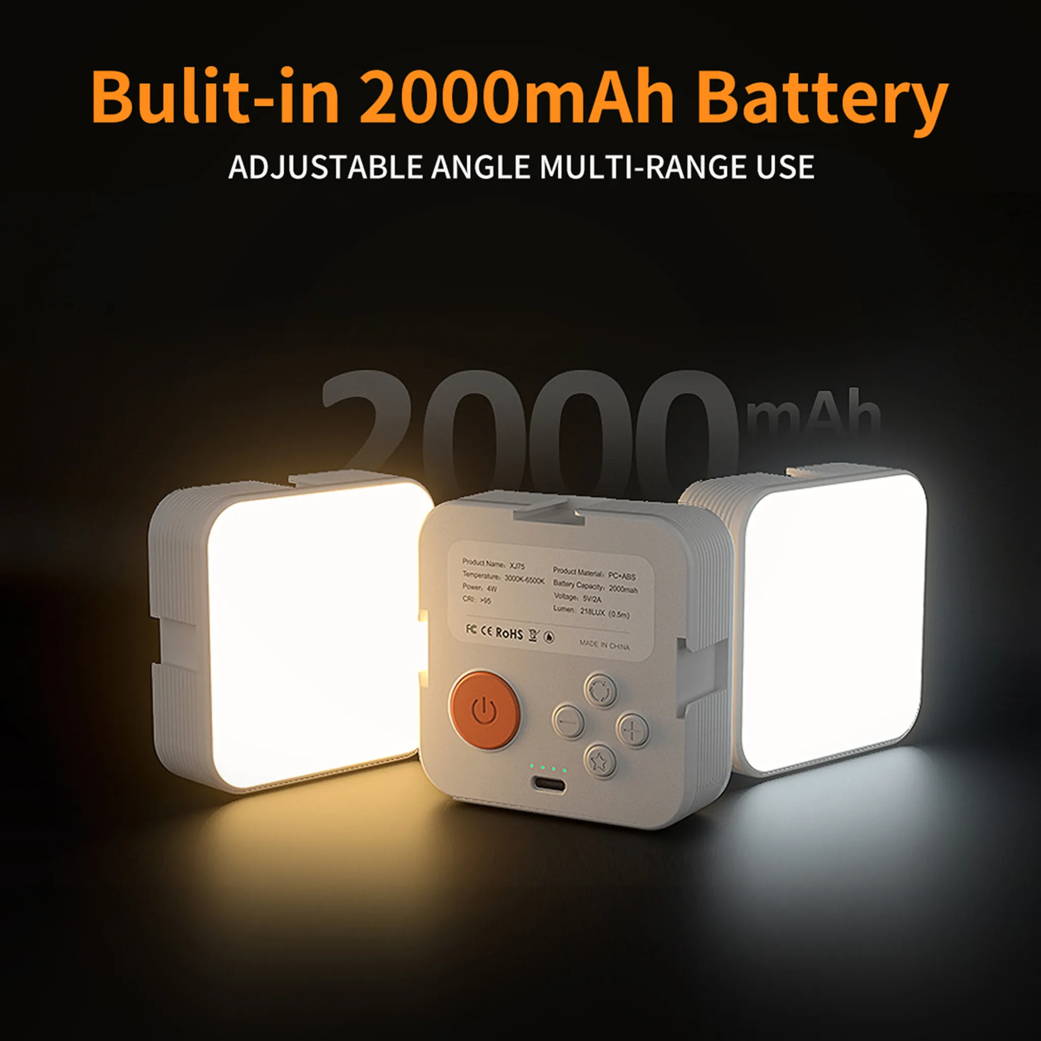 Drei weiße LED-Leuchten mit 2000mAh Akku, eine mit Bedienelementen.