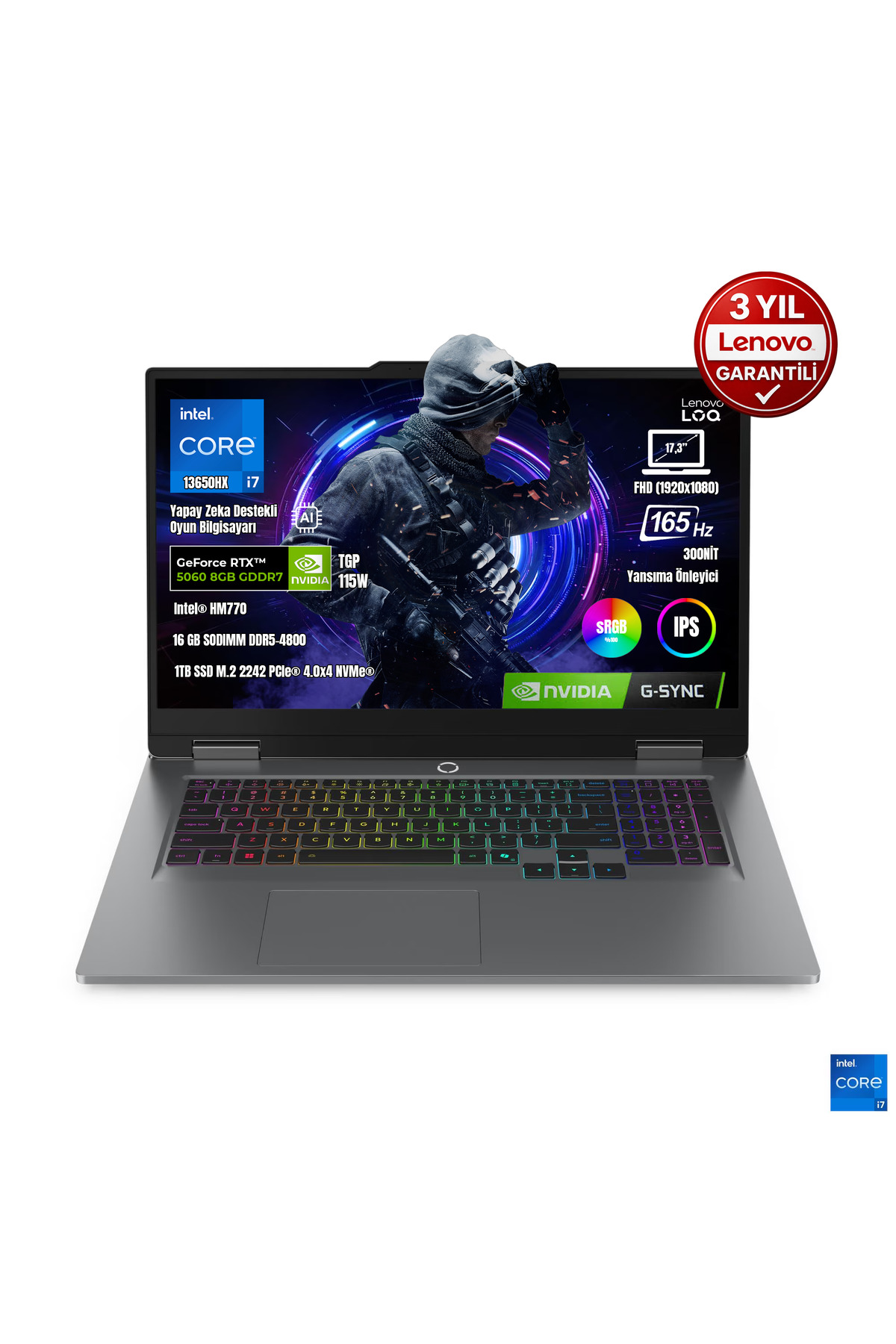 Intel Core i7, RTX 5060, 16 GB RAM, 1 TB SSD'li dizüstü bilgisayar. 17,3" FHD, 165Hz.