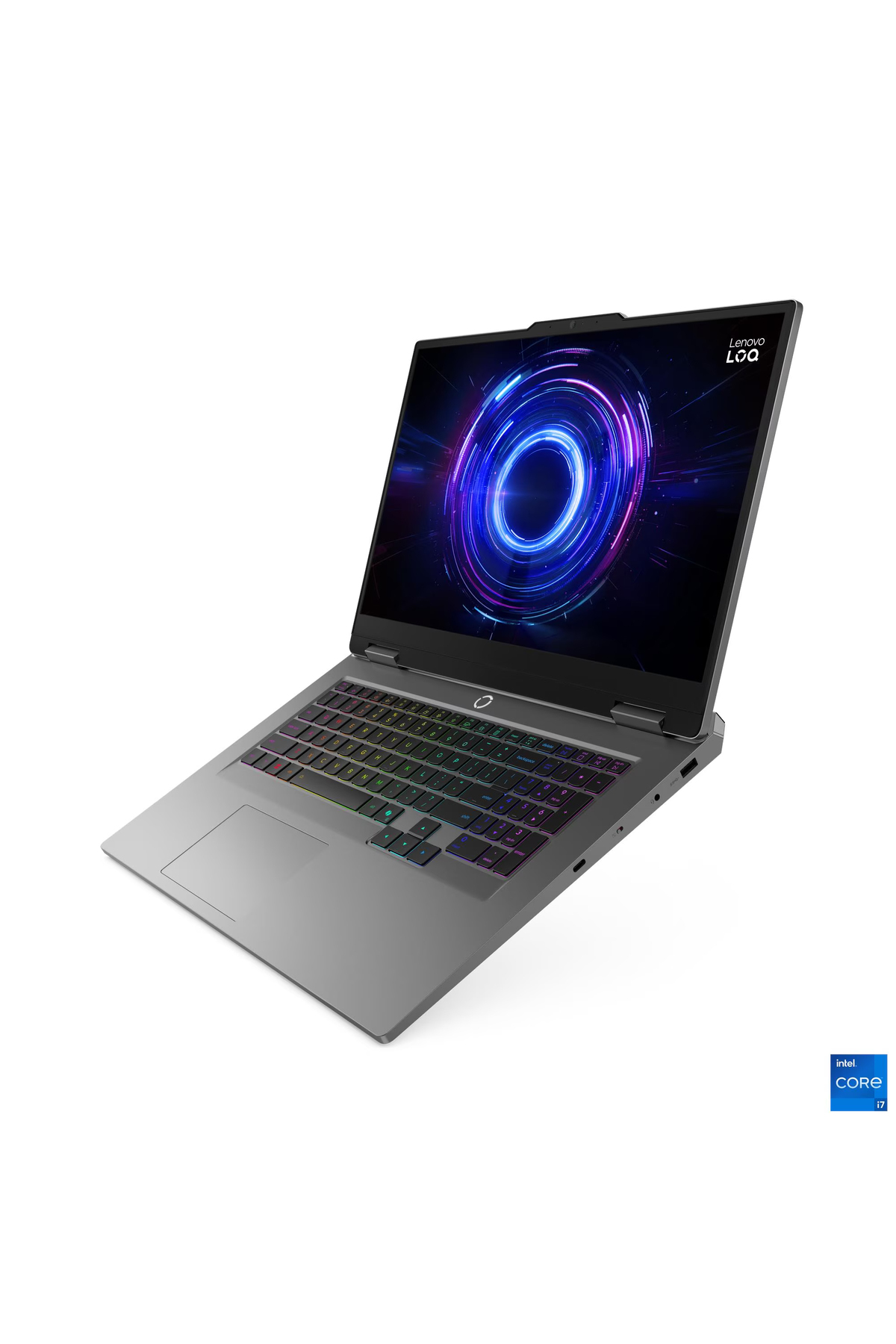 Arkadan aydınlatmalı klavyeli ve Intel Core i7 logosuna sahip gri Lenovo LOQ oyun laptopu.