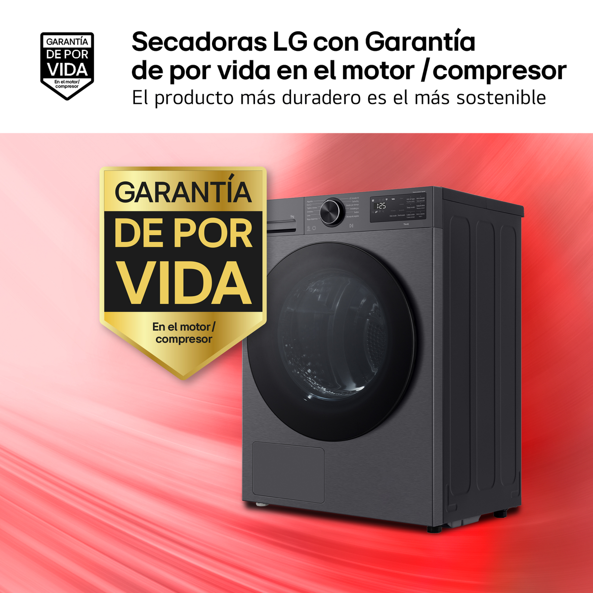 Secadora LG gris oscura con garantía de por vida en motor/compresor.