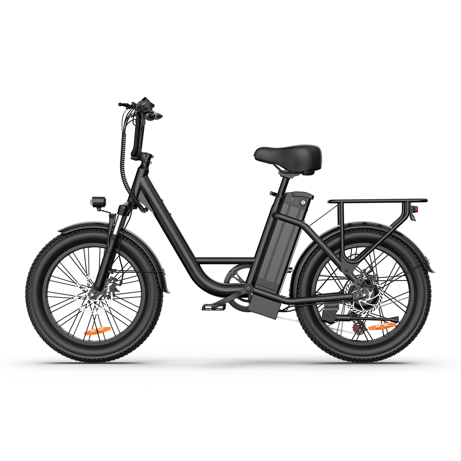Schwarzes E-Bike mit dicken Reifen, Gepäckträger und Akku.