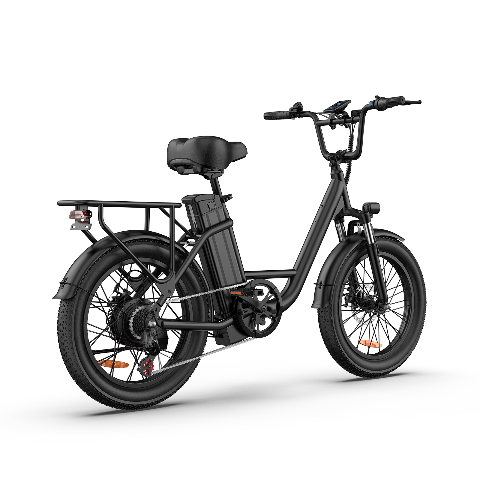 Schwarzes E-Bike mit dickem Reifen, Gepäckträger und Akku.