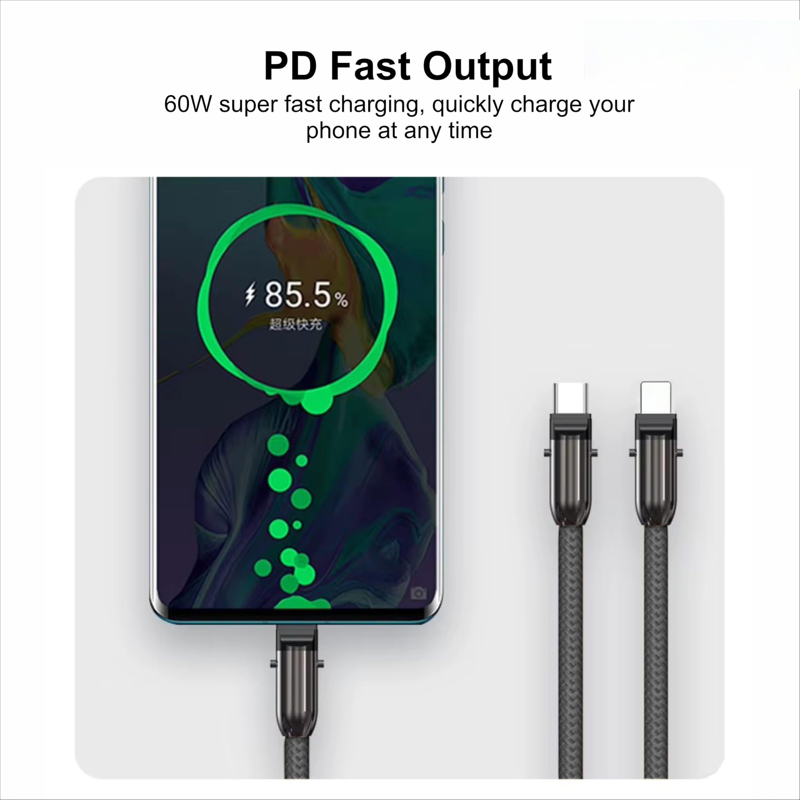 Ein Smartphone wird mit 85,5 % Ladung angezeigt. Daneben liegen zwei schwarze Ladekabel.
