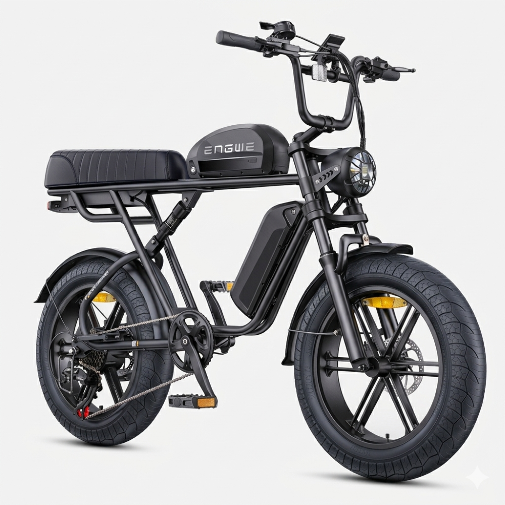 Ein schwarzes E-Bike mit dickem Reifen, Federgabel und LED-Scheinwerfer.