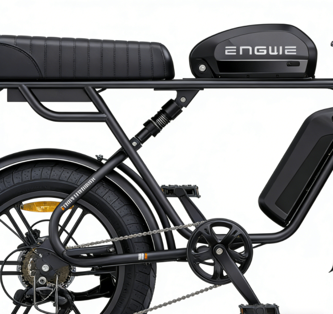 Schwarz lackiertes Fahrrad mit schwarzem Sitz und ENGWIE-Logo auf dem Akku.