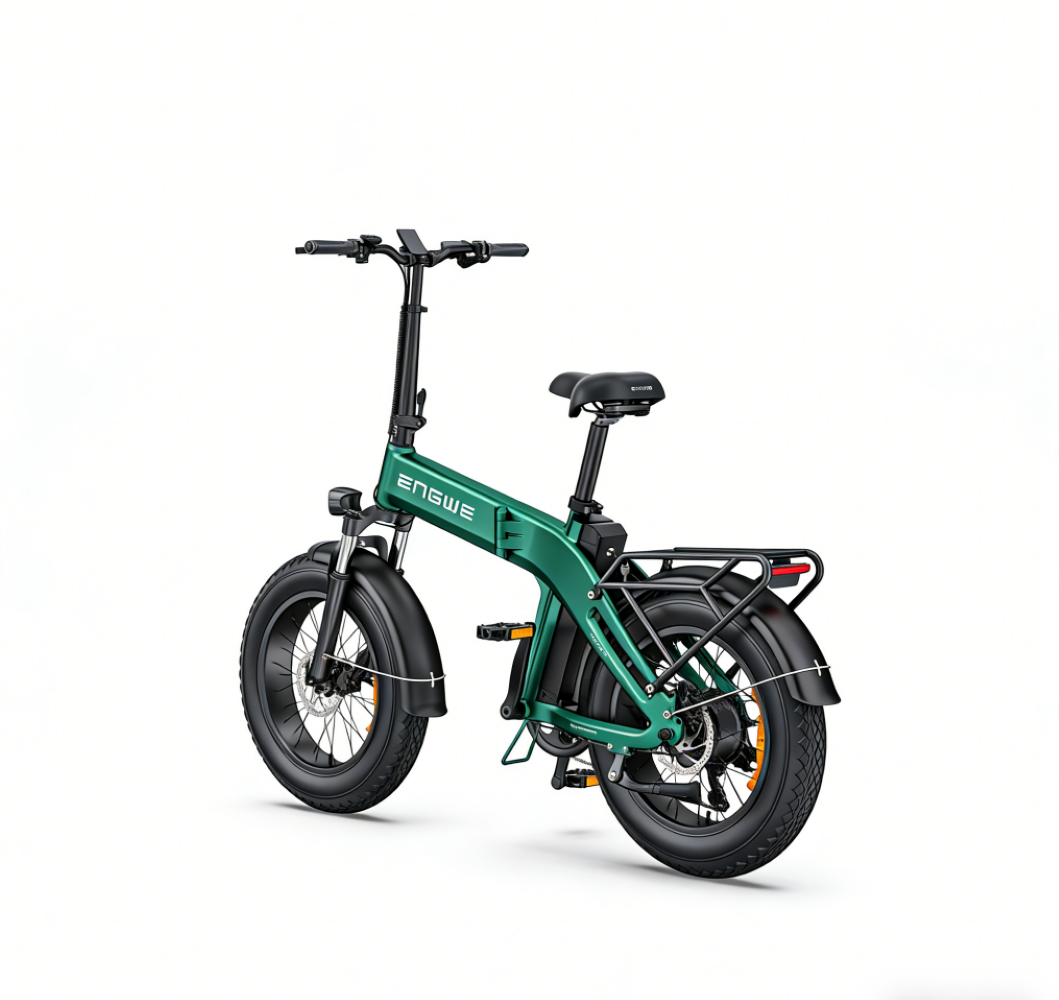 Grünes faltbares Elektrofahrrad mit Gepäckträger und breiten Reifen auf weißem Hintergrund.