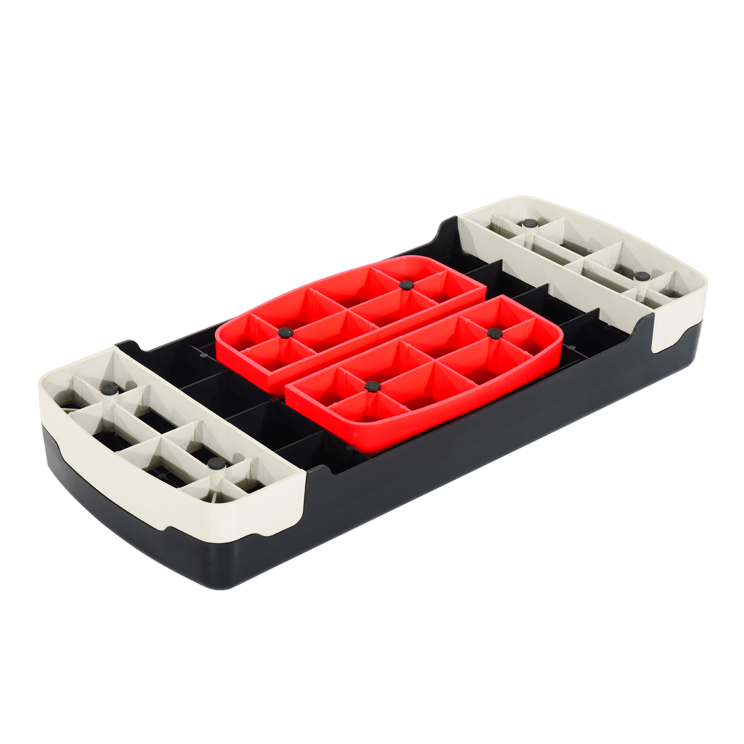 Un step de aeróbic negro con inserciones rojas y soportes laterales blancos.
