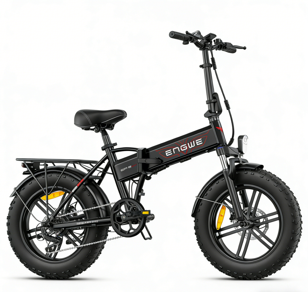 Schwarzes faltbares E-Bike mit fetten Reifen und Gepäckträger.
