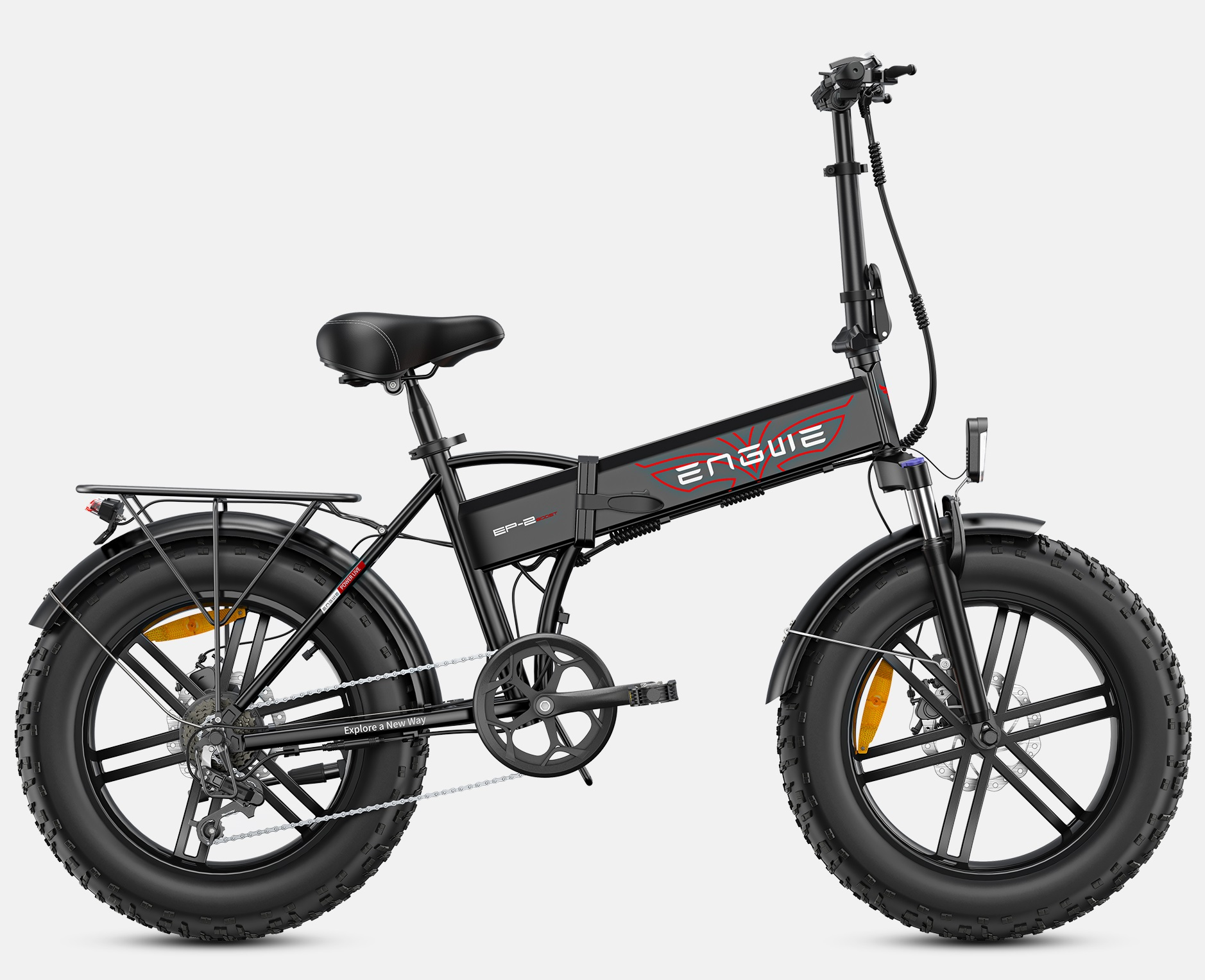 Ein schwarzes faltbares E-Bike mit dicken Reifen, Gepäckträger und dem Logo 'ENGUIE'.