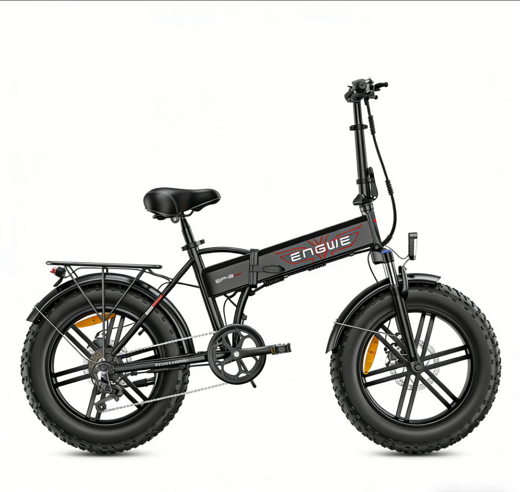 Schwarzes faltbares Elektrofahrrad mit breiten Reifen und Gepäckträger, isoliert auf weißem Hintergrund.