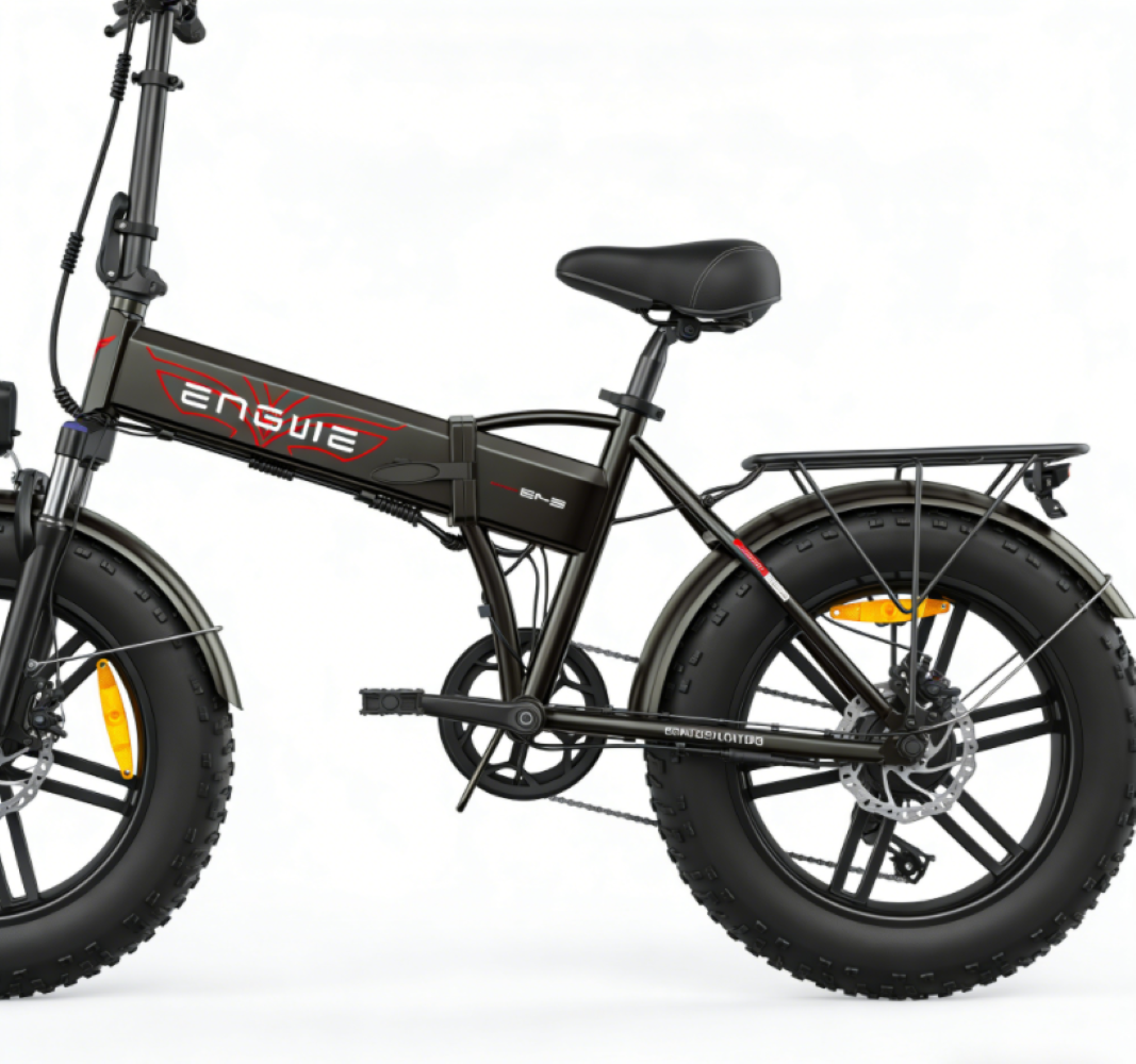 Schwarzes, faltbares E-Bike mit breiten Reifen, Gepäckträger und rotem Markennamen auf dem Rahmen.