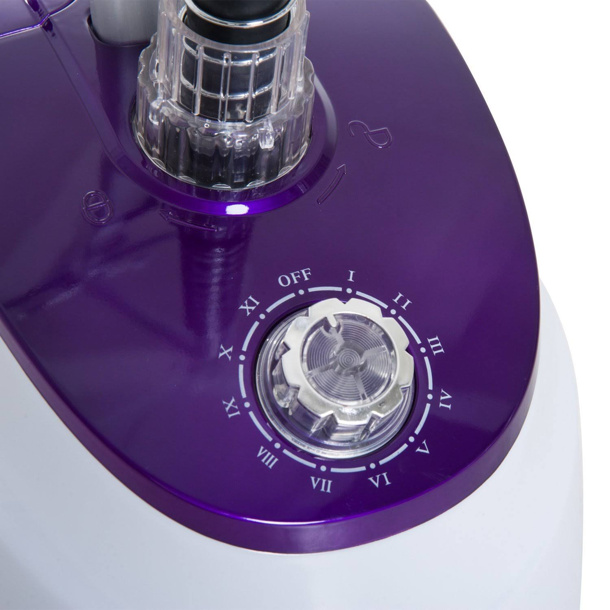 Primer plano de un dispositivo morado con un dial de control marcado de APAGADO a XI.