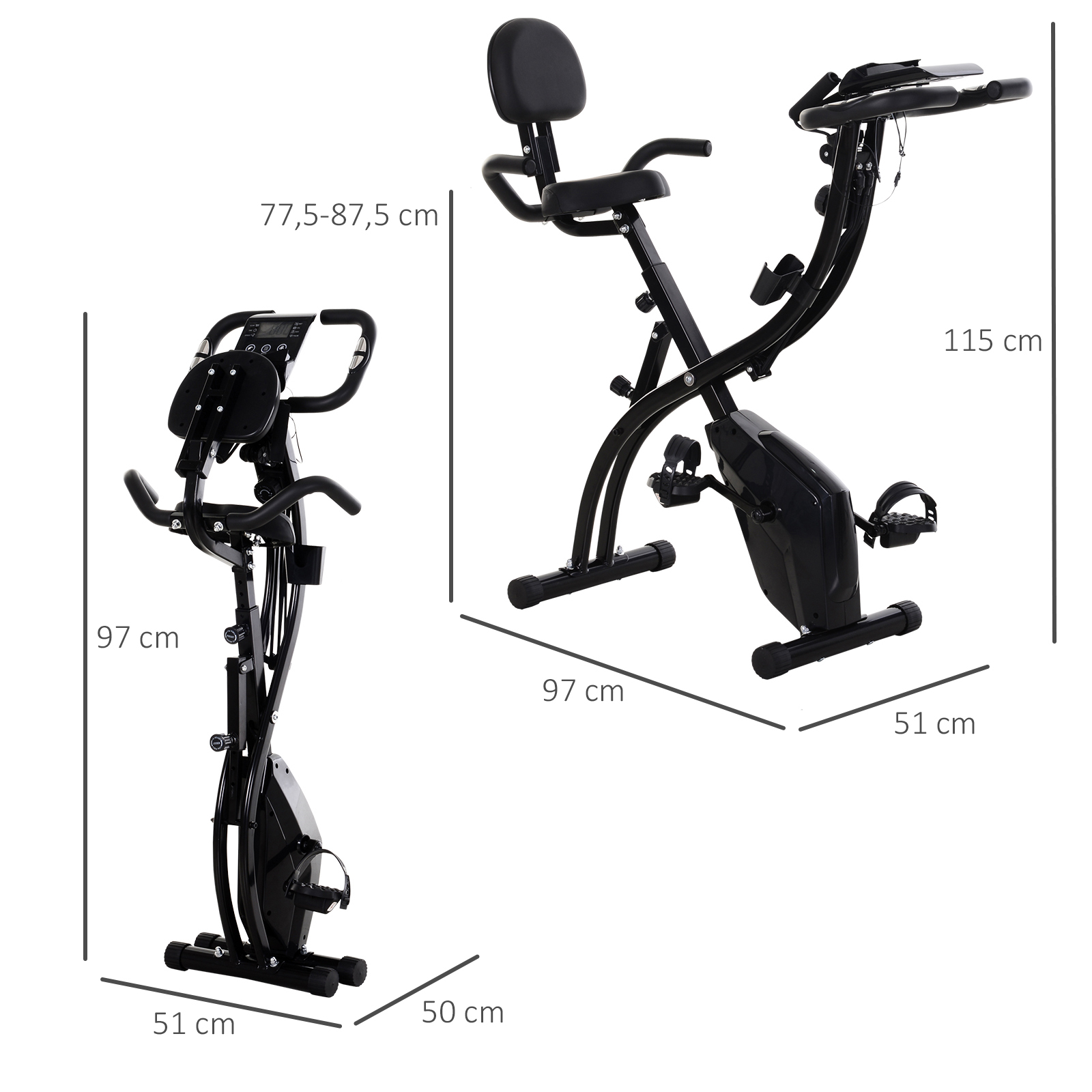 Dos bicicletas estáticas negras con dimensiones en cm.