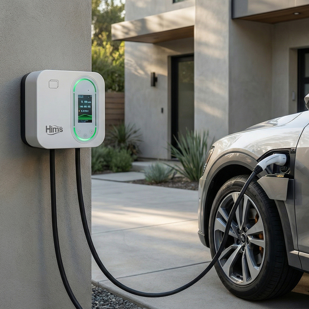 Duvar tipi elektrikli araç şarj istasyonu, araba fişe takılı şarj oluyor.