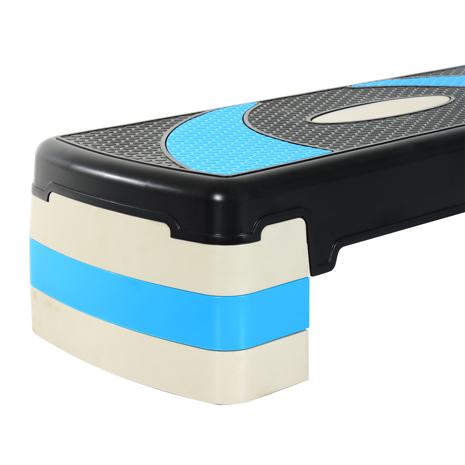 Aparato de step aeróbico negro con base beige y rayas azules.