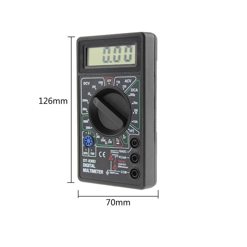 DT-830D model siyah dijital multimetre, döner kadranlı ve 0,00 gösteren LCD ekrana sahip.