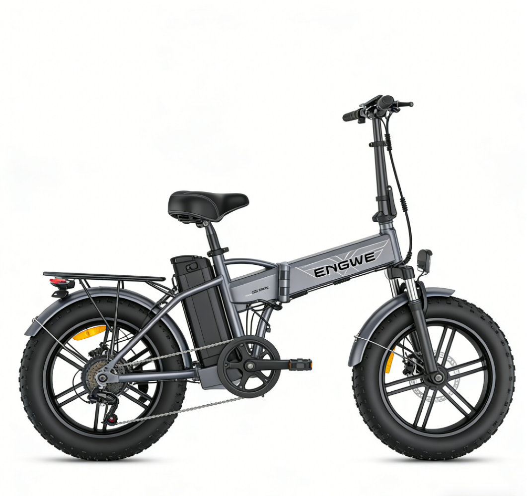 Graues faltbares Elektrofahrrad mit breiten Reifen, Gepäckträger und Akku.