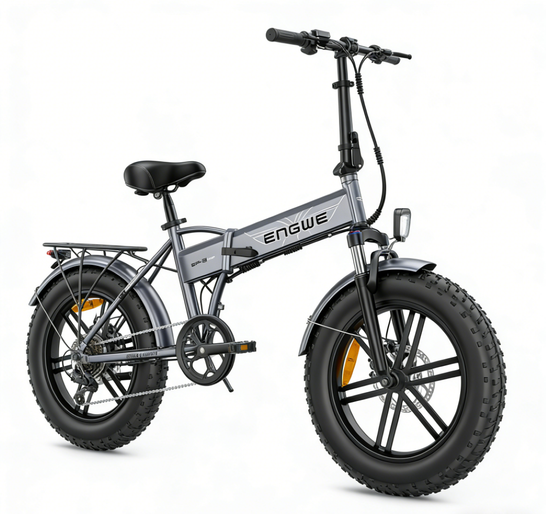 Ein graues faltbares Elektrofahrrad mit breiten Reifen und Gepäckträger.