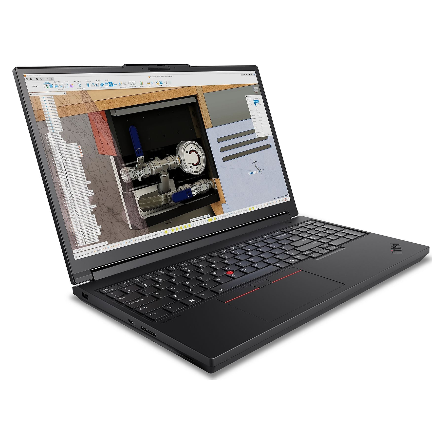 Un laptop nero mostra software di progettazione 3D con impianti idraulici.