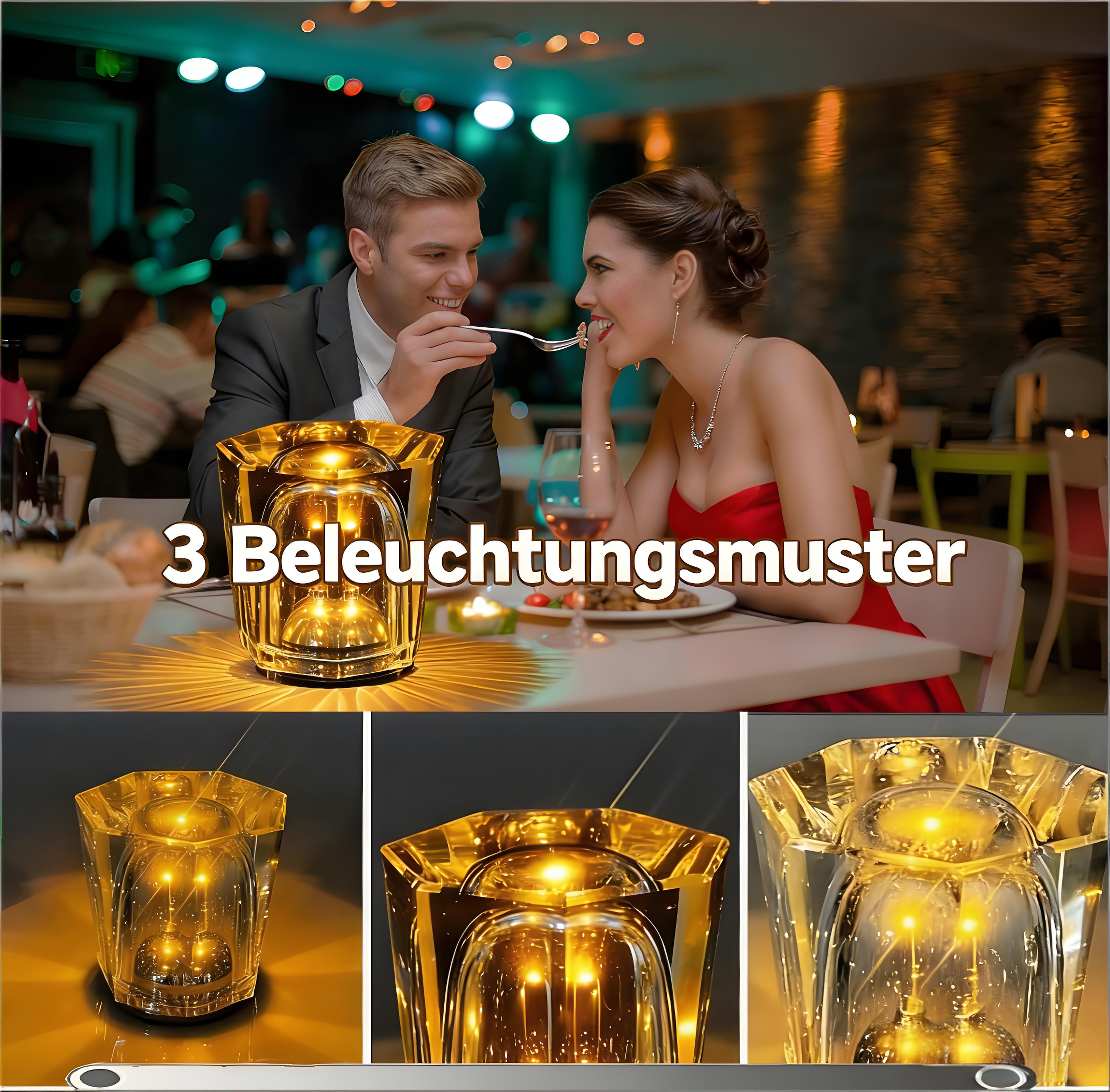 Ein Paar isst in einem Restaurant, beleuchtet von einer goldenen Lampe.
