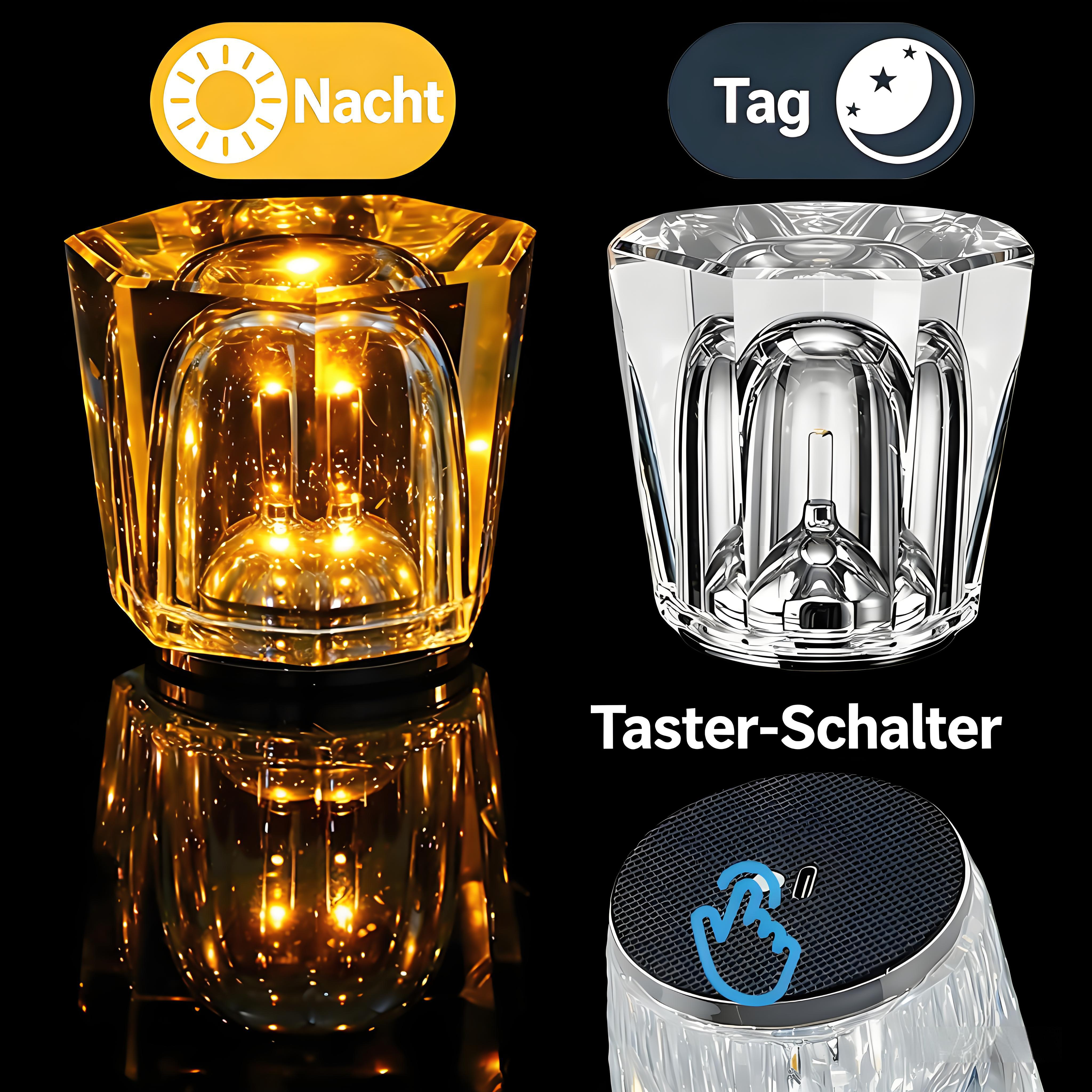 Zwei Kristalllampen nebeneinander: eine gelb leuchtend, die andere silbern.
