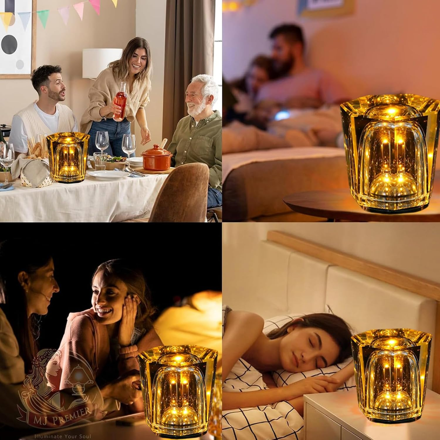 Vier Szenen zeigen eine goldene Lampe: Abendessen, Paar im Bett, Frauen beim Plaudern, Frau schläft.