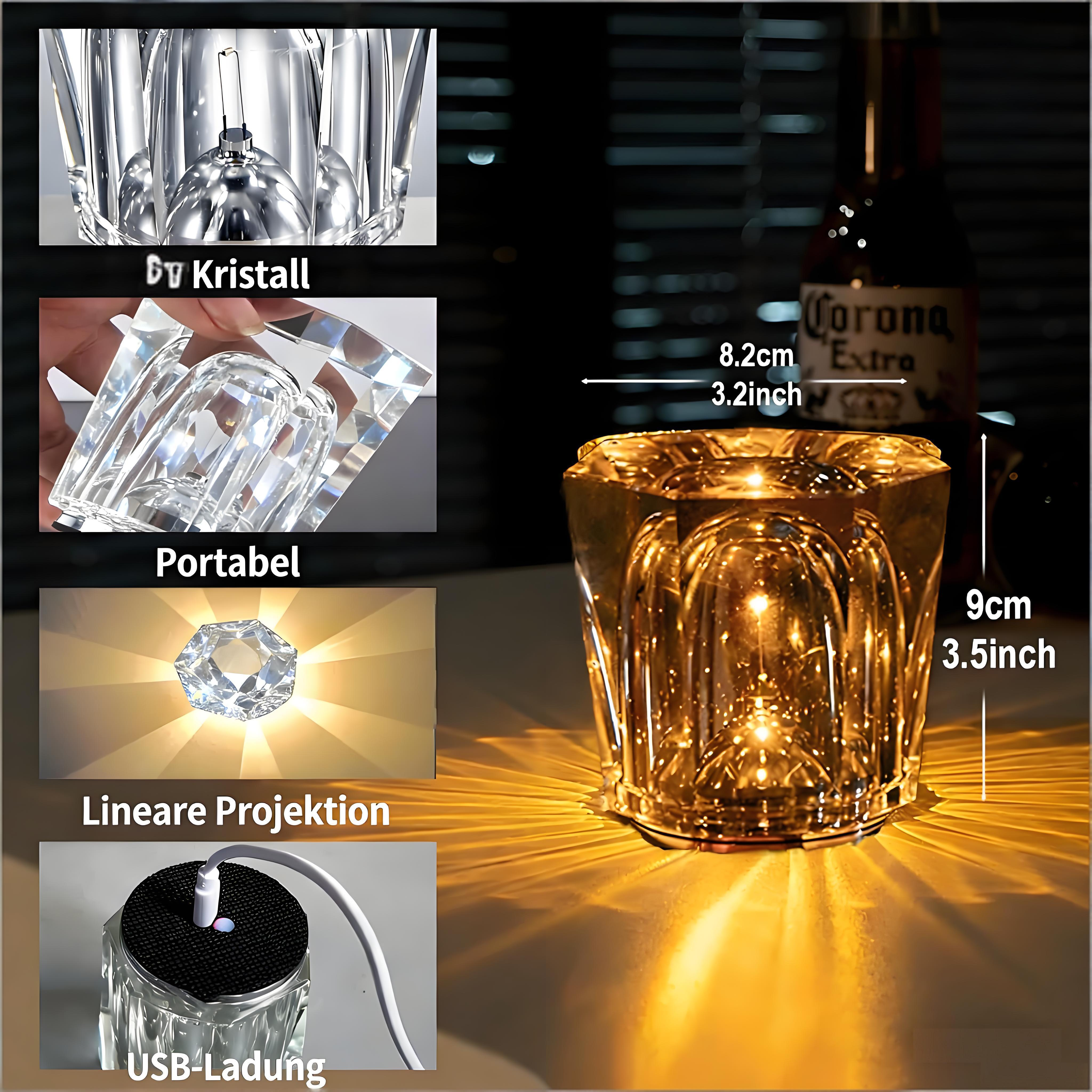 Ein Kristallwürfel-Nachtlicht mit USB-Anschluss, das Licht projiziert. Daneben eine Corona-Flasche.