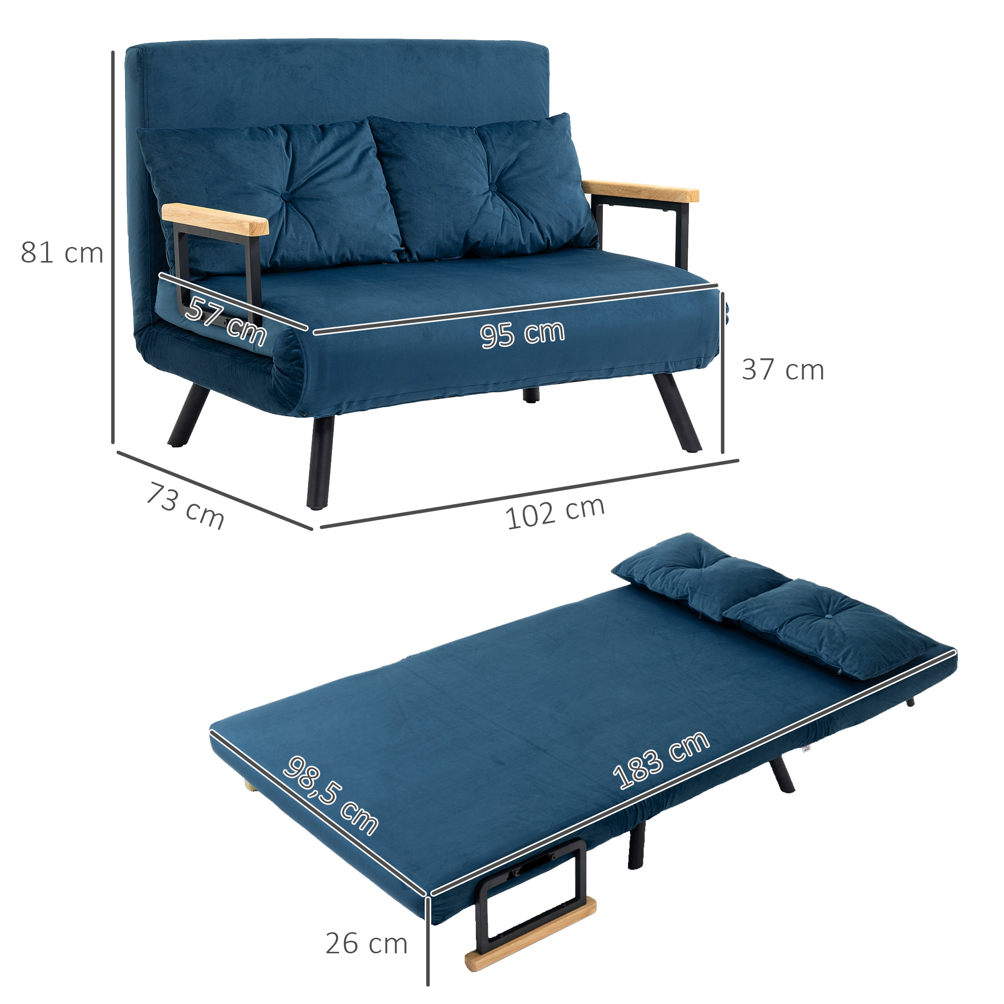 Sofá cama azul con dimensiones. Vista superior es sofá, inferior es cama.