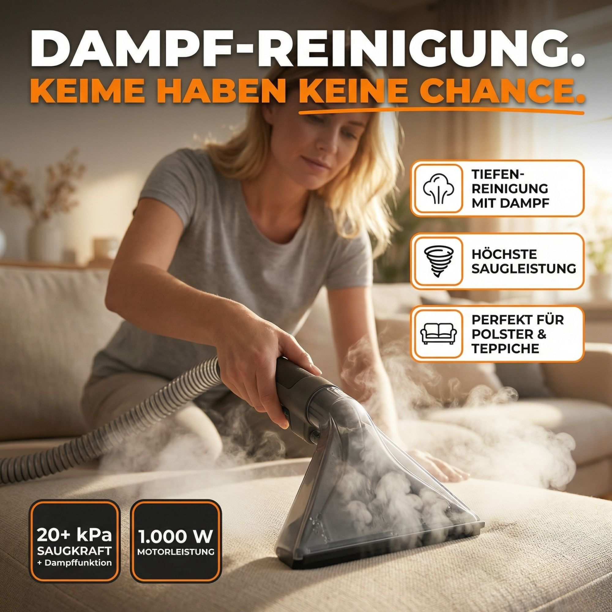 Eine Frau reinigt ein Sofa mit einem Dampfreiniger. Text betont Tiefenreinigung.