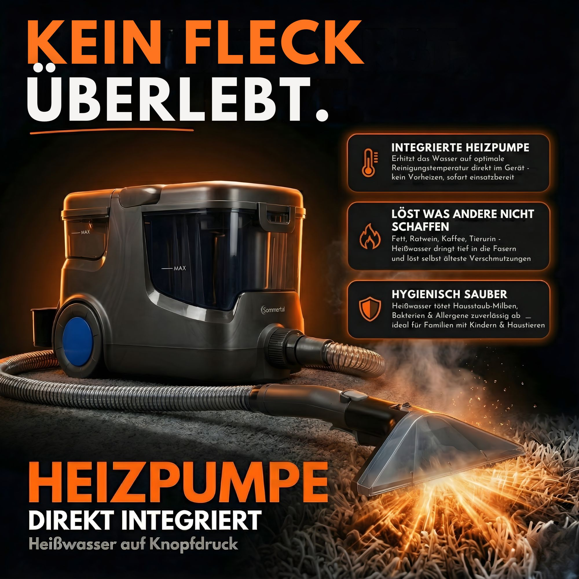 Dampfreiniger mit integrierter Heizpumpe reinigt Teppiche gründlich.