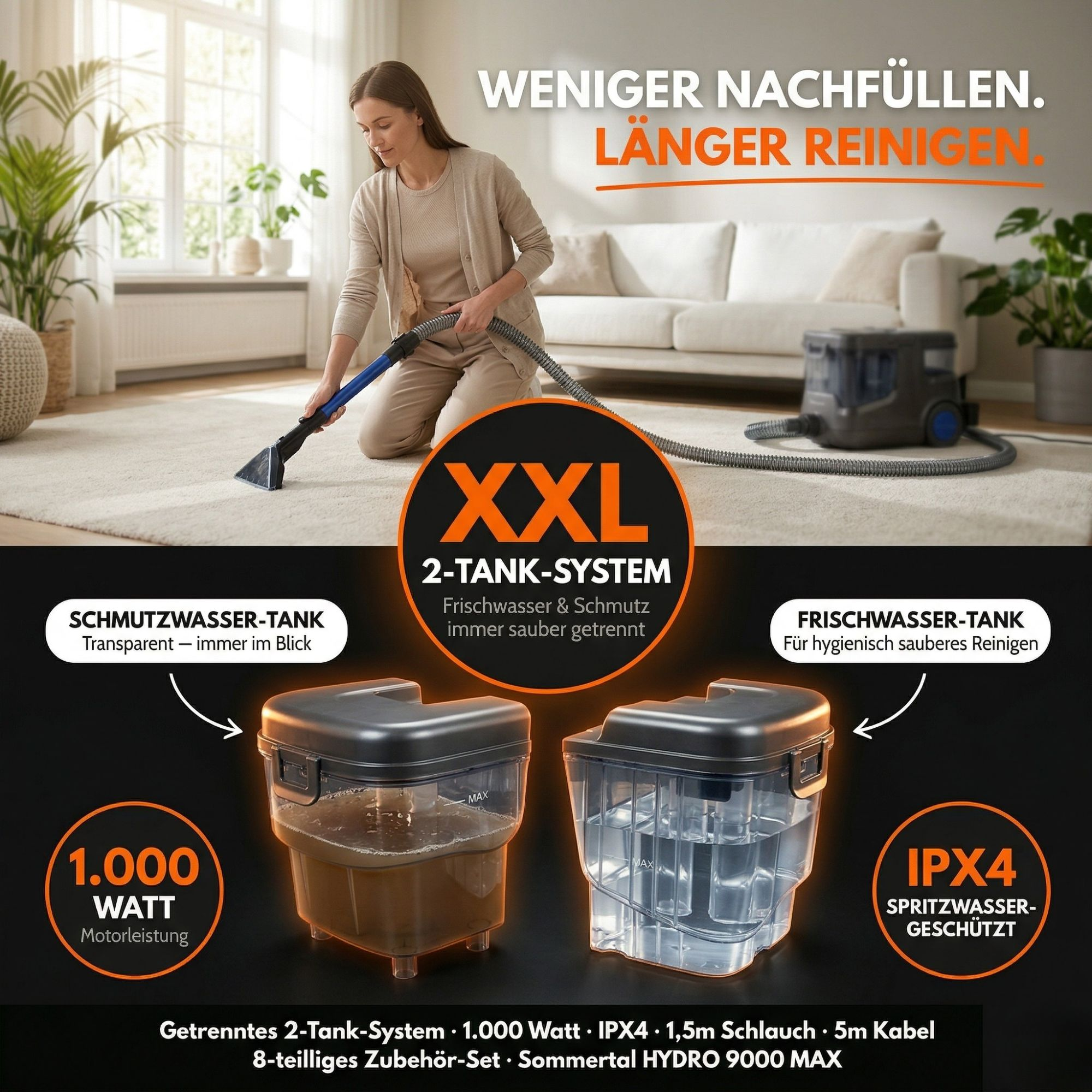 Frau reinigt Teppich mit Nasssauger; zwei Tanks gezeigt: Schmutz- und Frischwasser.