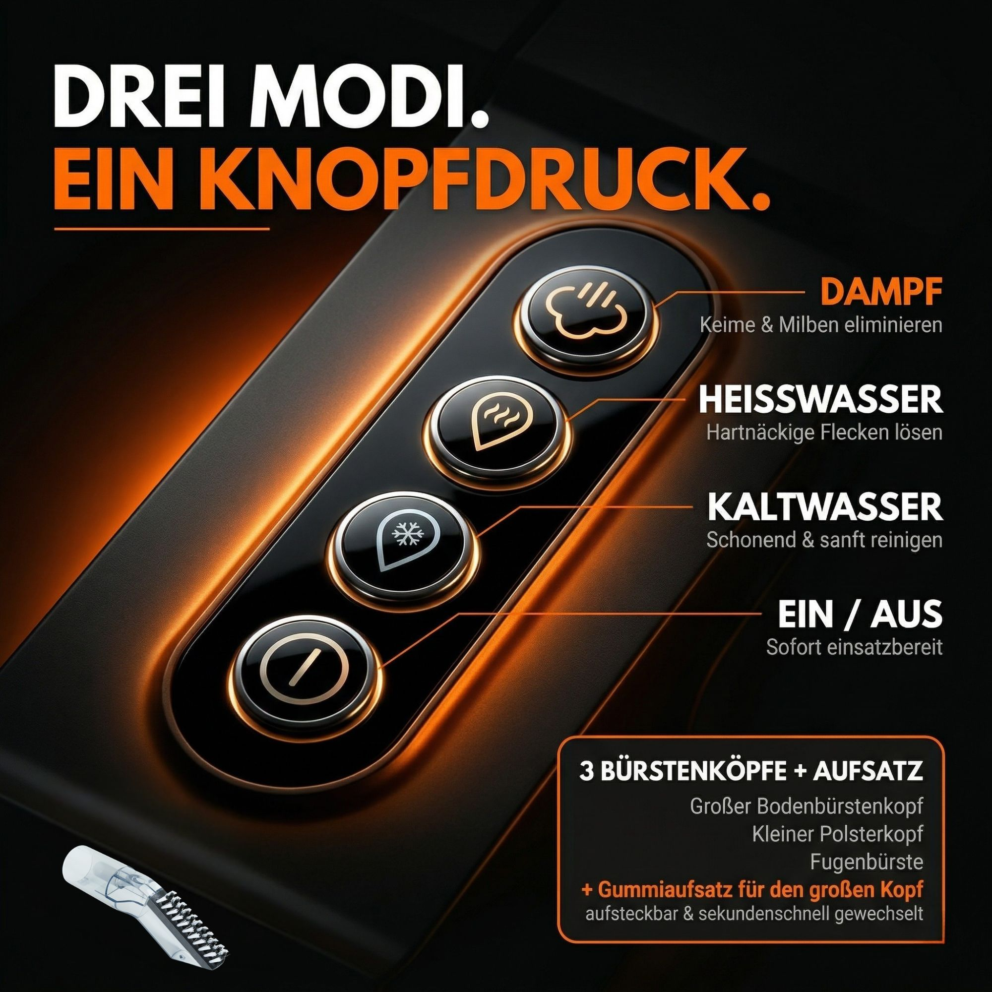 Bedienfeld eines Dampfreinigers mit 4 Tasten: Dampf, Heißwasser, Kaltwasser, Ein/Aus.