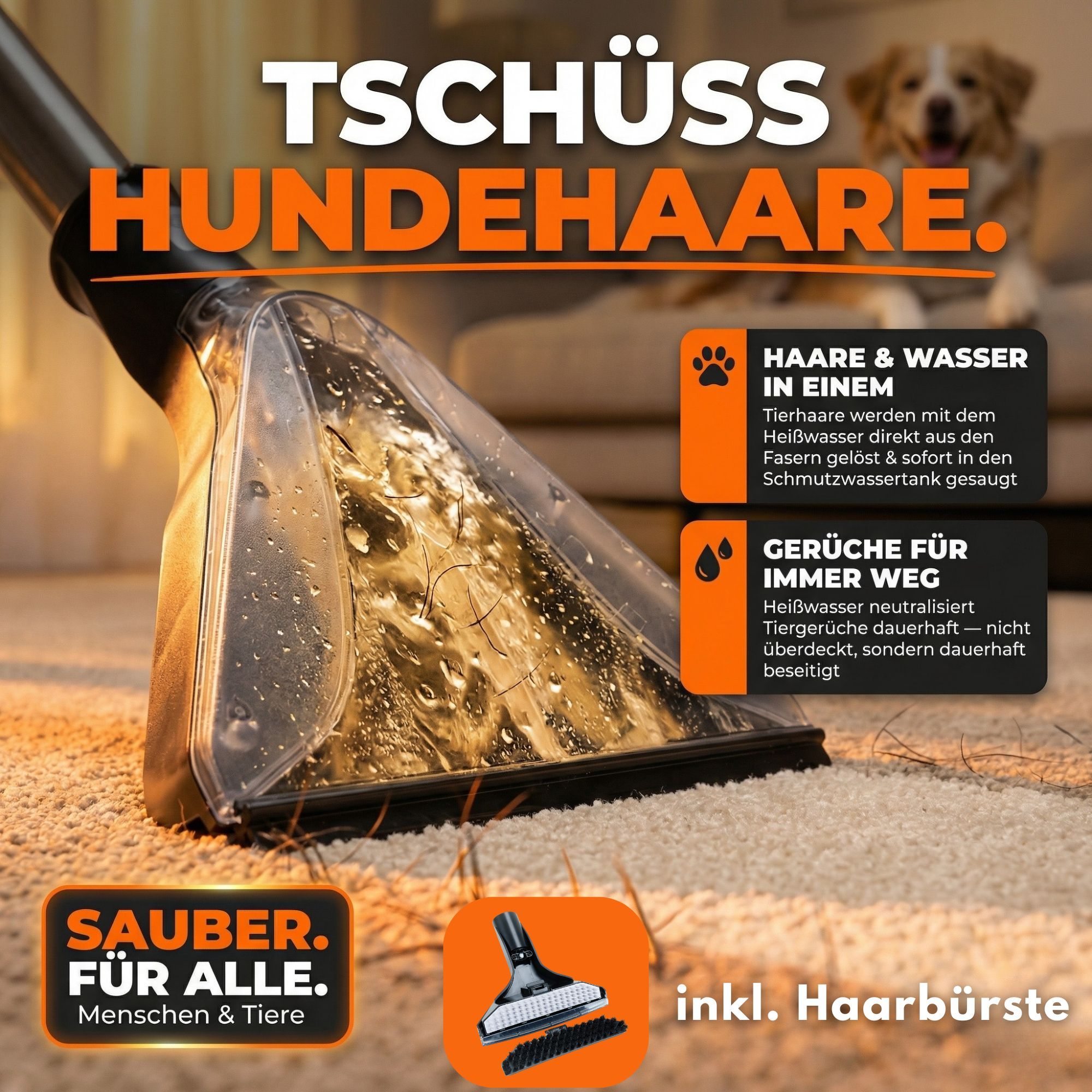 Ein Nasssauger-Aufsatz reinigt Teppich von Hundehaaren und Schmutz.