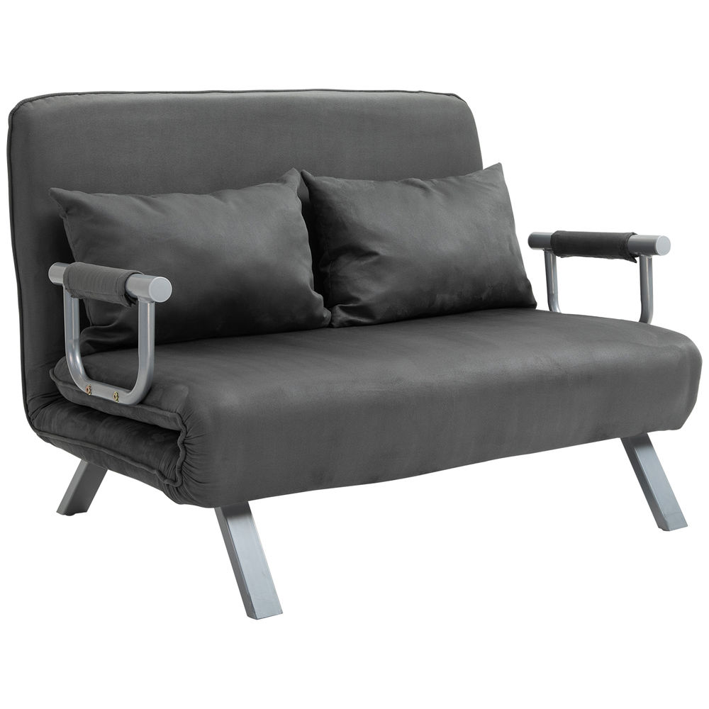Sofá cama gris con dos cojines y patas metálicas.