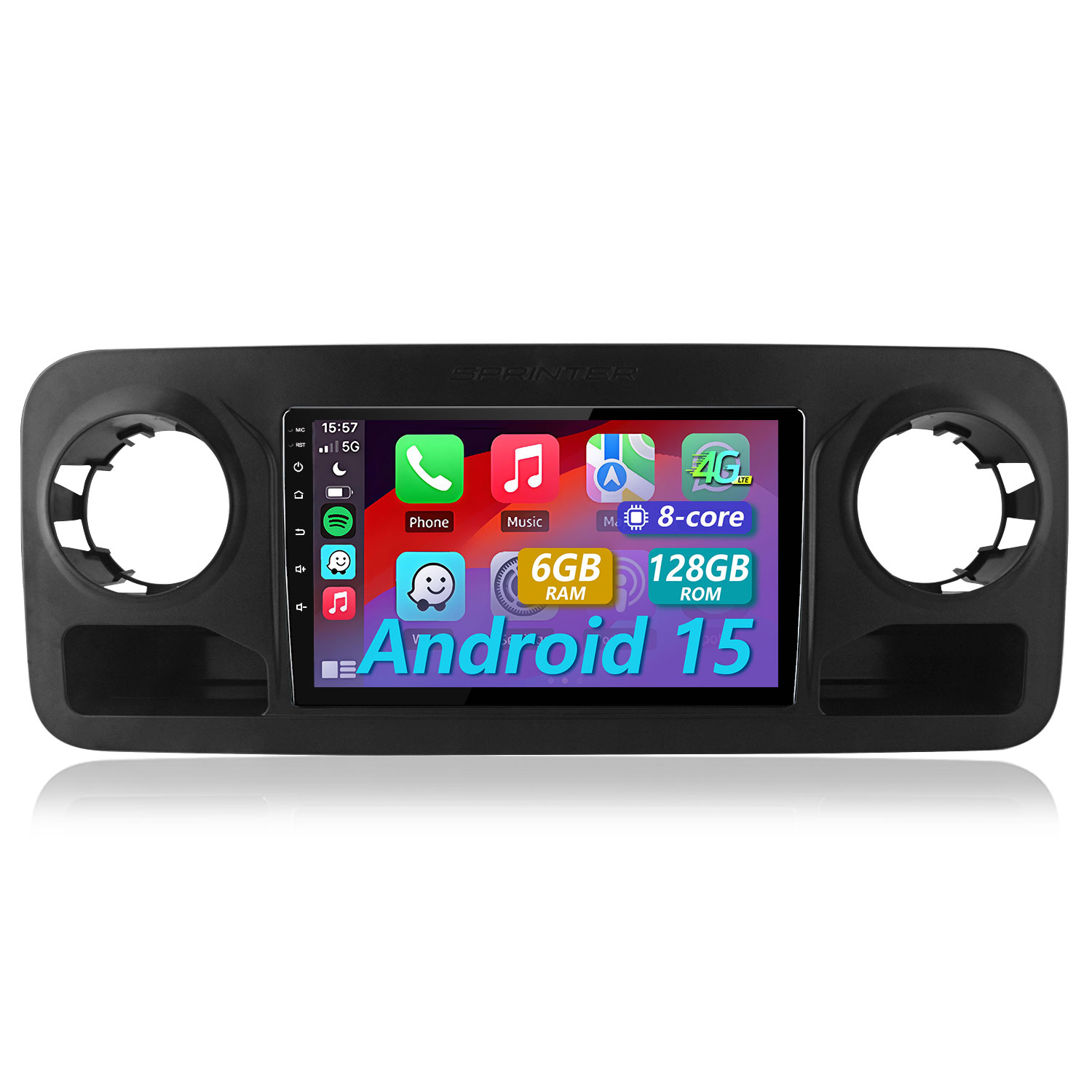 Ein schwarzes Autoradio mit Android 15 und App-Symbolen wie Telefon und Musik.
