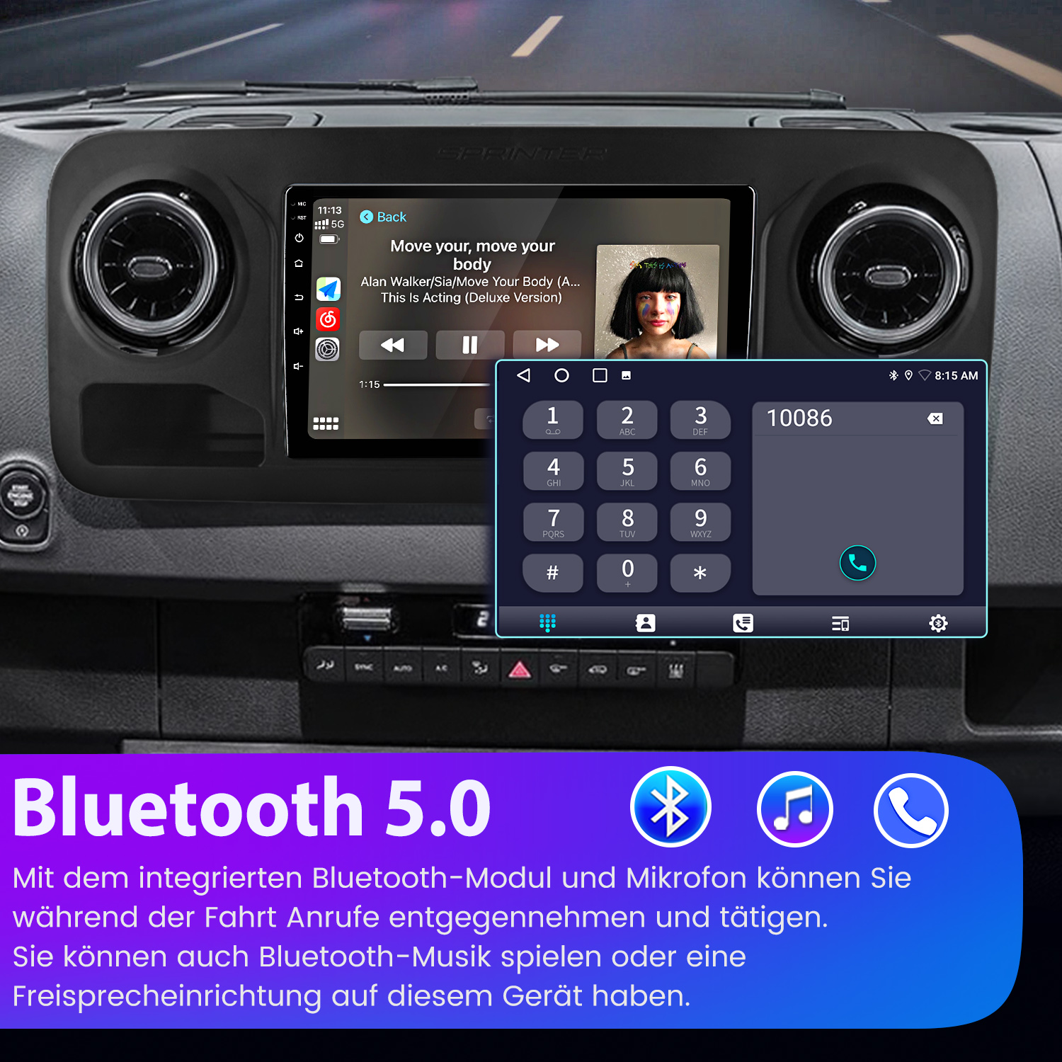 Autoradio-Display zeigt Musikwiedergabe mit Nummernblock und Bluetooth-Symbolen.