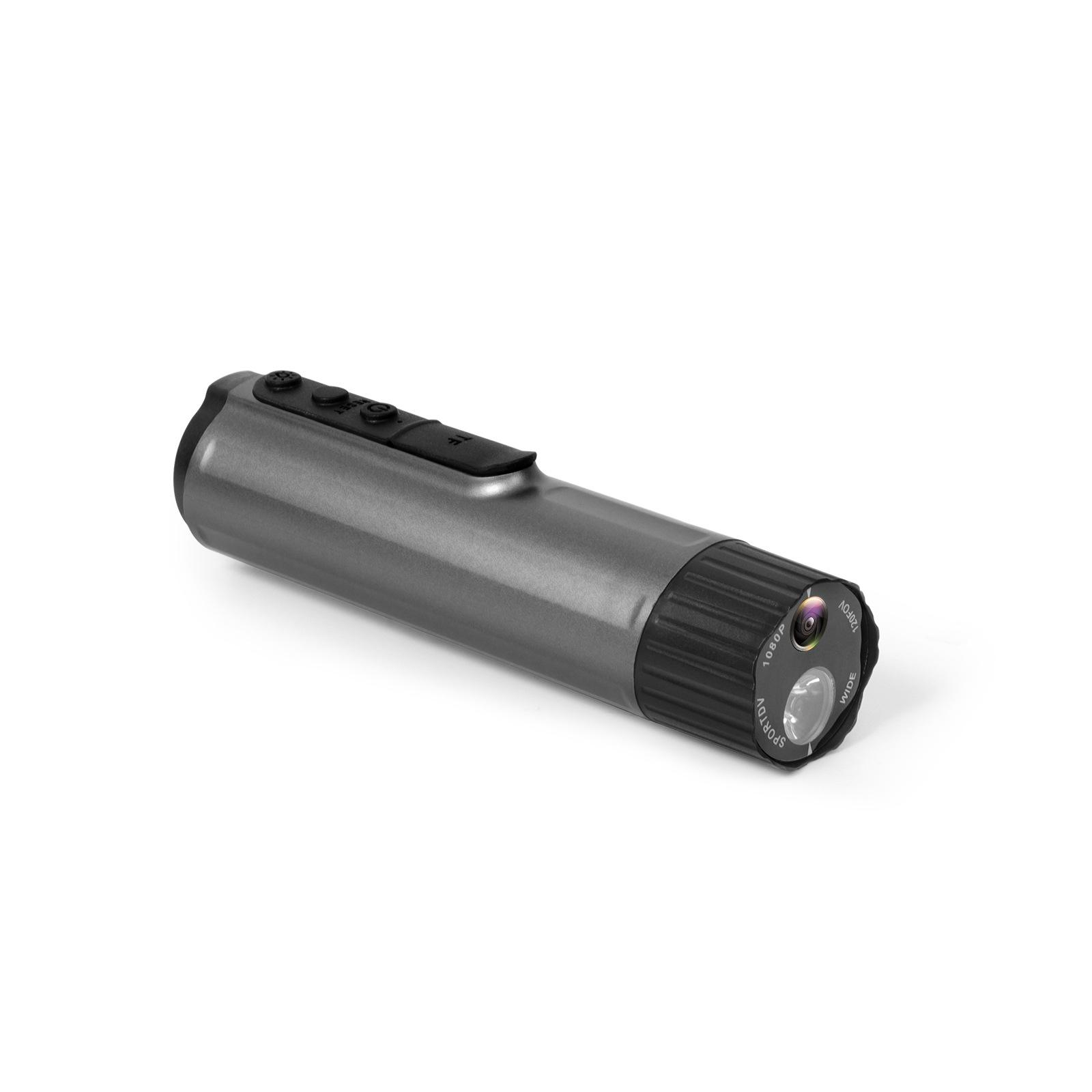 Grauer zylindrischer Mini-Camcorder mit Tasten und Linse.