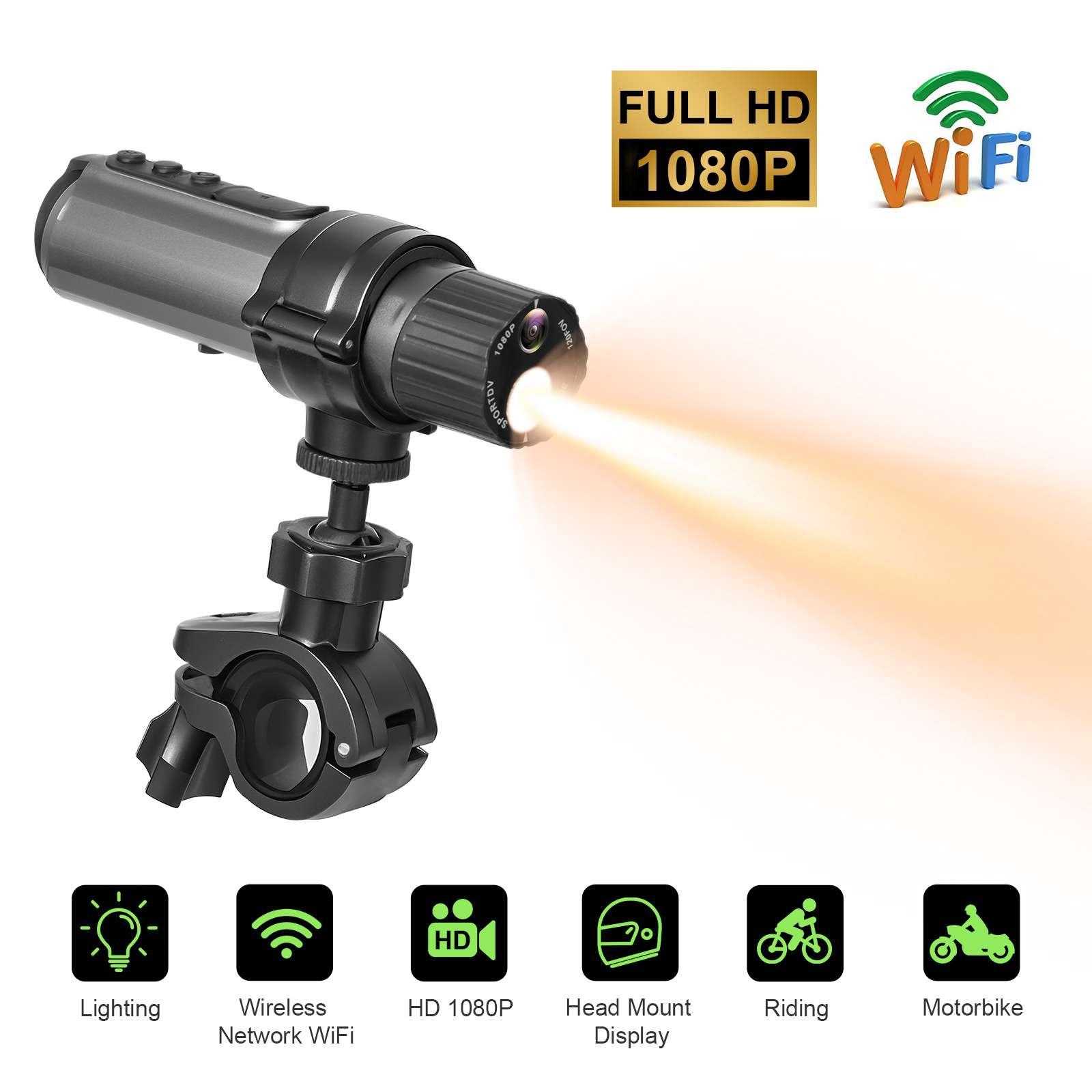 Graue Action-Kamera auf Halterung, Licht aussendend. Symbole: Beleuchtung, WLAN, HD 1080P, Fahren.