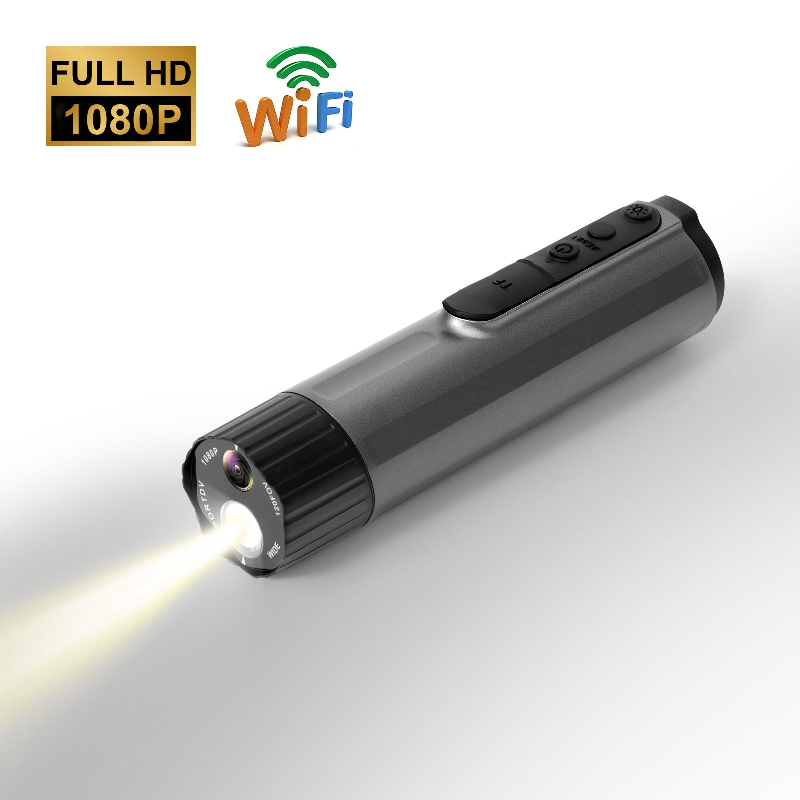 Grauer Taschenlampenförmiger Rekorder mit Lichtstrahl, "Full HD 1080P WiFi"-Logo.