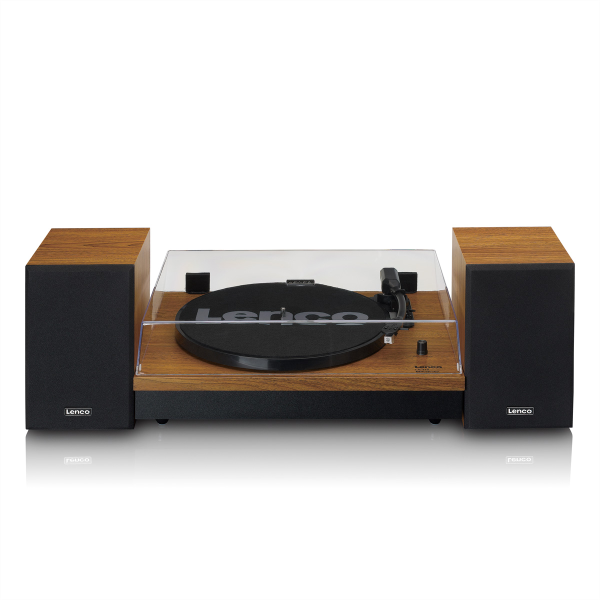 Un tocadiscos con detalles de madera y dos altavoces negros.