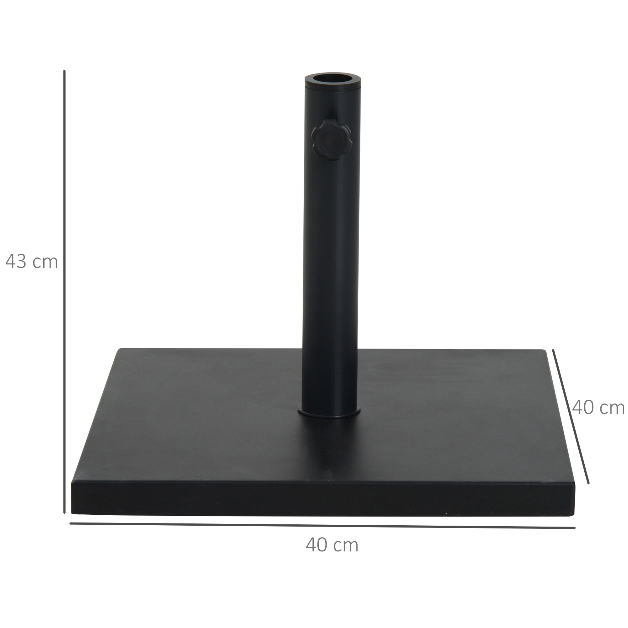 Base negra para sombrilla (40x40cm) con tubo vertical y pomo de ajuste.
